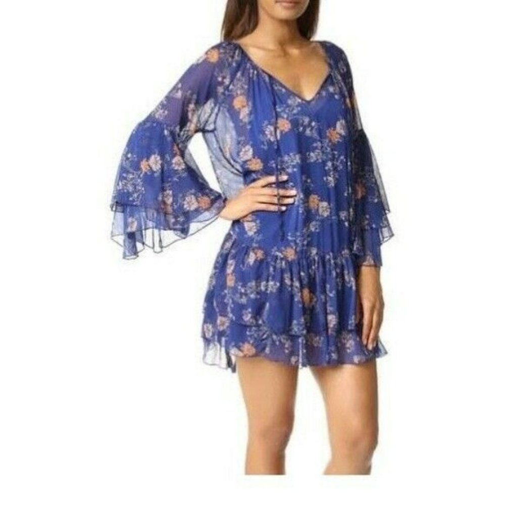 Free People Floral Tunic Dress Top Bell‎ Sleeves Small NWT Blue Orange Sheer